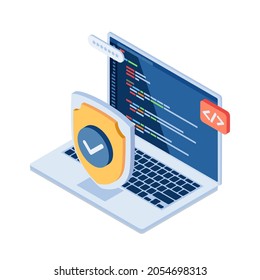 Flat 3d Isometric Shield and Laptop with Computer Programing Language Code on Monitor. Data Protection and Cyber Security Concept.