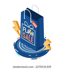 Flat 3d Isometric Shopping Bag auf der Plattform mit Blitzschlag. Flash Sale Konzept.