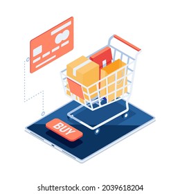 Flat 3d Isometric Shopping Cart with Bags on Smartphone. Online Shopping Concept.