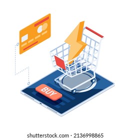 Flat 3d Isometric Shopping Cart with Lightning Bolt on Online Store. Flash Sale Concept.