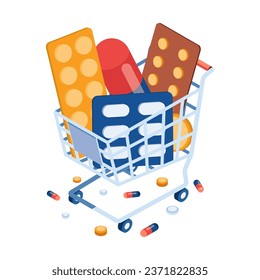 Flat 3d Isometric Shopping cart with Pills and Medicine. Pharmaceutical Company and Online Pharmacy Concept.