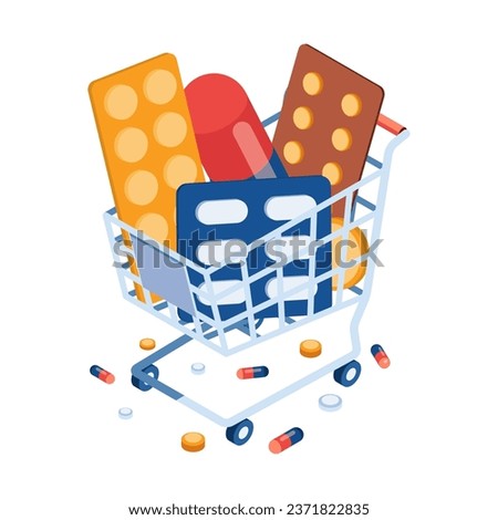 Flat 3d Isometric Shopping cart with Pills and Medicine. Pharmaceutical Company and Online Pharmacy Concept.