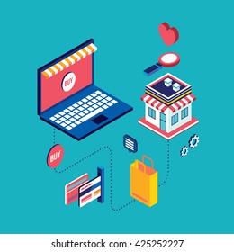Flat 3d isometric shopping concept