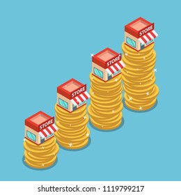 Flat 3d isometric shopping store on the top of growing coin stack. Franchise business marketing concept.