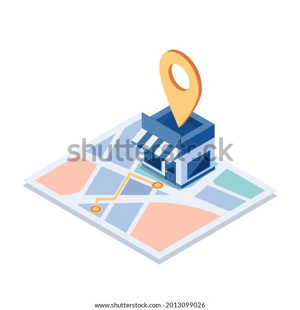 Flat 3d Isometric\
Shopping Store on The Map with Gps Navigation. GPS Navigation and\
Store Locations Concept.