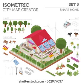 Flat 3d isometric smart home and city map constructor elements such as building, garden, renewable energy isolated on white. Build your own infographic collection. Vector illustration