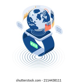Flat 3d Isometric Smart Watch with Earth Globe Hologram. Smartwatch Technology Concept.