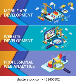 Flat 3d isometric smartphone and laptop. Material design banners. Mobile app development. Infographics and SEO analytics Futuristic virtual graphic user interface