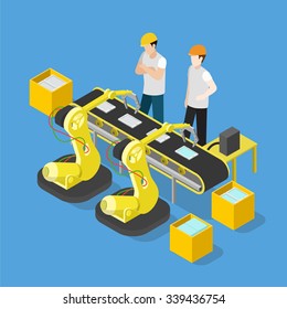 Flat 3d Isometric Smartphone Tablet Electronics Industry Production Factory Conveyor Concept Web Infographics Vector Illustration. Workers Touch Screen Assembly Mechanism. Creative People Collection.