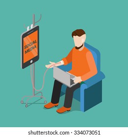 Flat 3d isometric social media technology gadget addiction concept web infographics vector illustration. Young man on chair with laptop and smartphone drop counter dropper. Creative people collection.