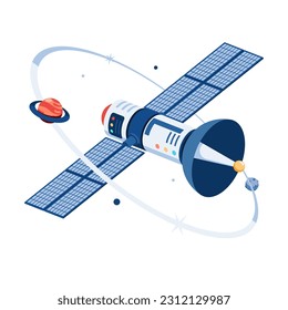 Flat 3d Isometric Space Satellite Orbiting with Planet on Space. Satellite Technology and Communication Concept.