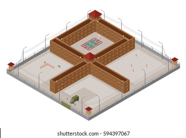 Flat 3d isometric special regime prison, jail for city map constructor isolated on white. Build your own infographic collection. Vector illustration