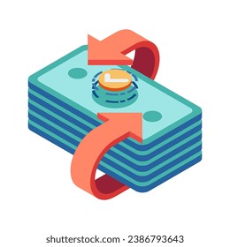 Flat 3d Isometric Stack of Money with Exchange Arrow. Currency Exchange Concept.