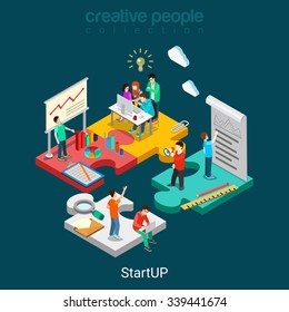 Flat 3d isometric StartUP concept web infographics vector illustration. Puzzle solution idea research report team business planning. Creative people collection.