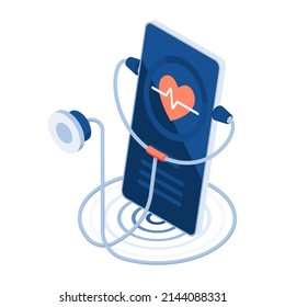 Flat 3d Isometric Stethoscope on Smartphone with Heart Pulse. Telemedicine and Online Medical Consultation Service Concept.