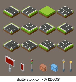 Flat 3D Isometric Street Game Tiles Icons Infographic Concept Set. City Map Elements. 