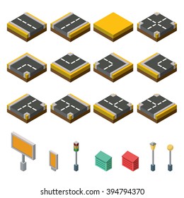 Flat 3d isometric street game tiles icons infographic concept set. Autumn city map elements