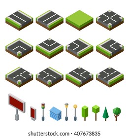 Flat 3d Isometric Street Game Tiles Icons Infographic Concept Set. City Map Elements And Trees