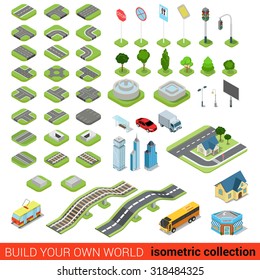 Flat 3d isometric street road sign building blocks infographic concept set. Crossroad railway fountain traffic light lantern skyscraper tram bus shop. Build your own infographics world collection.