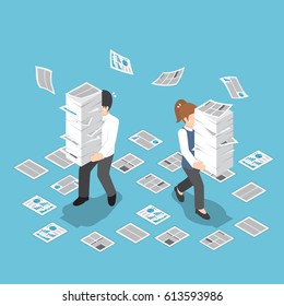 Flat 3d isometric stressful businessman holding stack of paper, overload work and very busy concept