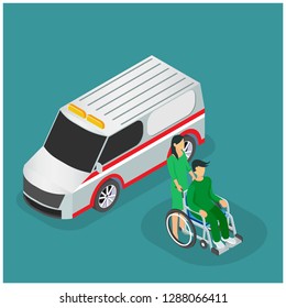 Flat 3d isometric style ambulance emergency medical evacuation accident concept web infographics vector illustration. Orderlies carry patient stretcher. Creative people website conceptual collection. 