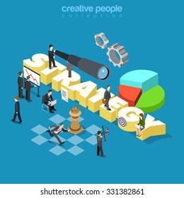 Flat 3d isometric style business corporate company strategy concept web infographics vector illustration. Businessmen spyglass and big strategy word. Creative people collection.