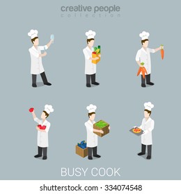 Flat 3d isometric style busy cook at work funny chief concept web infographics vector illustration icon set. Cooking knife agriculture vegetable uniform professional tools. Creative people collection.