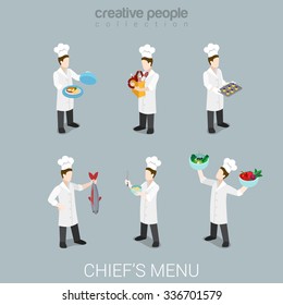 Flat 3d isometric style busy cook at work funny chief concept web infographics vector illustration icon set. Cooking salad fish dish sausage uniform professional tools. Creative people collection.