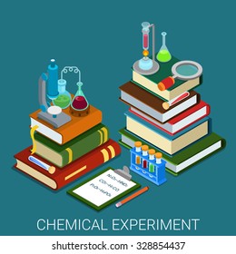 Flat 3d isometric style chemical lab experiment research concept web infographics vector illustration. Heap books clipboard formula tube flask magnifier microscope icon. Website conceptual collection.