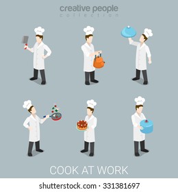 Flat 3d isometric style cook at work funny chief concept web infographics vector illustration icon set. Cooking pot cake knife pan uniform professional tools. Creative people collection.