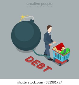 Flat 3d isometric style debt bomb concept web infographics vector illustration. Man drive wheel shopping cart and burning sphere bomb wick chained to leg. Creative people collection.