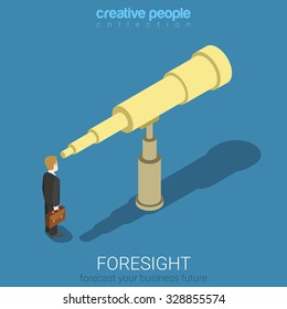 Flat 3d isometric style foresight forecast look into future business concept web infographics vector illustration. Businessman looks into big spyglass. Creative people website conceptual collection.