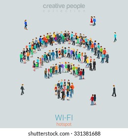 Flat 3d isometric style free public wi-fi hotspot concept web infographics vector illustration crowded square. Crowd group forming WiFi sign shape internet access point. Creative people collection.