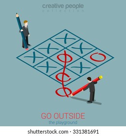 Flat 3d isometric style go outside playground plan rules concept web infographics vector illustration. Micro businessmen playing tic-tac-toe zero out of field. Creative people collection.