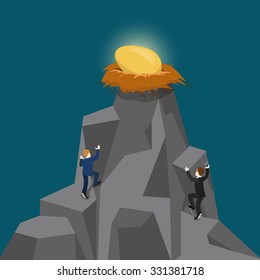 Flat 3d isometric style gold rush career growth business concept web infographics vector illustration. Businessmen climb up mountain to get golden egg in nest. Creative people collection.