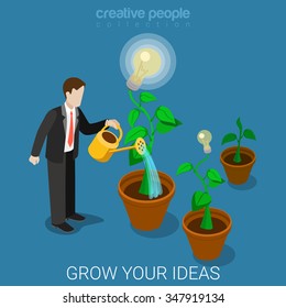 Flat 3d Isometric Style Grow Your Idea Concept Web Infographics Vector Illustration. Businessman Watering Plant With Lamp Light Bulb Flower. Creative People Collection.