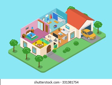 Flat 3d isometric style home indoor interior exterior open transparent ceiling concept web infographics vector illustration. Creative architecture info graphic collection.