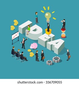 Flat 3d isometric style idea concept web infographics vector illustration. Businessmen meeting report and big idea word. Creative people collection.