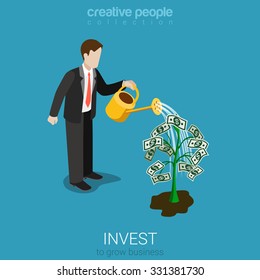 Flat 3d isometric style invest concept web infographics vector illustration. Businessman watering plant with dollar leaves. Creative people collection.