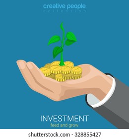 Flat 3d isometric style investment grow business concept web infographics vector illustration. Coin and plant sprout growing on hand palm. Creative people website conceptual collection.