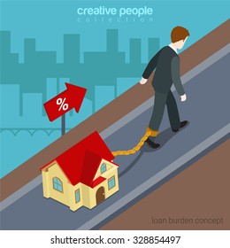 Flat 3d isometric style loan burden financial business concept web infographics vector illustration. Businessman going up hill chained to micro house. Creative people website conceptual collection.