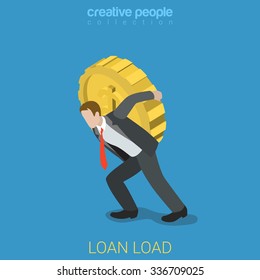 Diseño 3d plano estilo isométrico carga de préstamo carga financiera concepto de negocio web infografía vectorial ilustración. Los hombres de negocios llevan grandes monedas. Colección conceptual del sitio web de personas creativas.