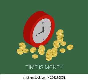 Flat 3d isometric style modern business time is money web site infographic concept. Conceptual illustration coins around round clock.