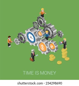 Flat 3d isometric style modern time is money, teamwork, workforce staff web site infographic concept. Conceptual illustration business people on cog wheels. Time and coins as parts of process.