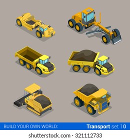 Flat 3d isometric style modern road highway surface making construction site wheeled track vehicles transport web app icon set concept. Tipper tip truck asphalt paver paving machine combine harvester.