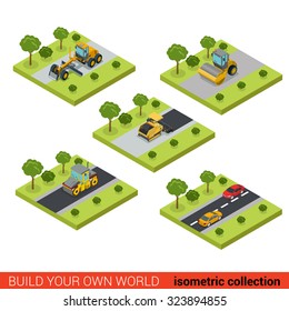 Flat 3d isometric style modern road highway surface making construction site wheeled track vehicles transport on round building block platforms web app icon set concept. Asphalt concrete maker roller.