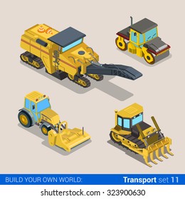 Flat 3d isometric style modern road highway surface making construction site wheeled track vehicles transport web app icon set concept. Brush cutter hedge trimmer asphalt roller compactor grubber.