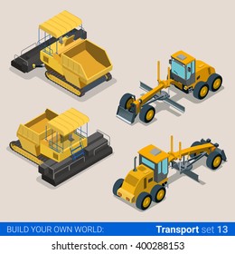 Flat 3d Isometric Style Modern Road Highway Surface Making Construction Site Wheeled Track Vehicles Transport Web App Icon Set Concept. Asphalt Paver Paving Machine Combine Harvester.