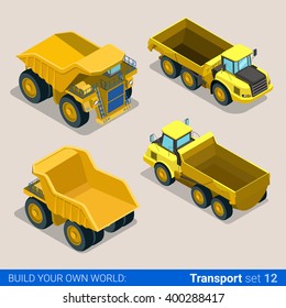 Flat 3d isometric style modern road highway surface making construction site wheeled track vehicles transport web app icon set concept. Tipper tip truck transportation auto.