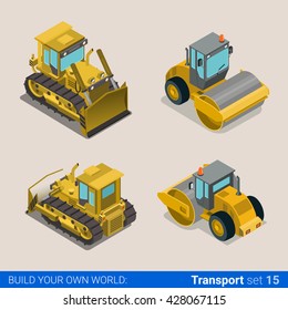 Flat 3d isometric style modern road highway surface making construction site wheeled track vehicles transport web app icon set concept. Tipper tip truck asphalt paver paving machine combine harvester.